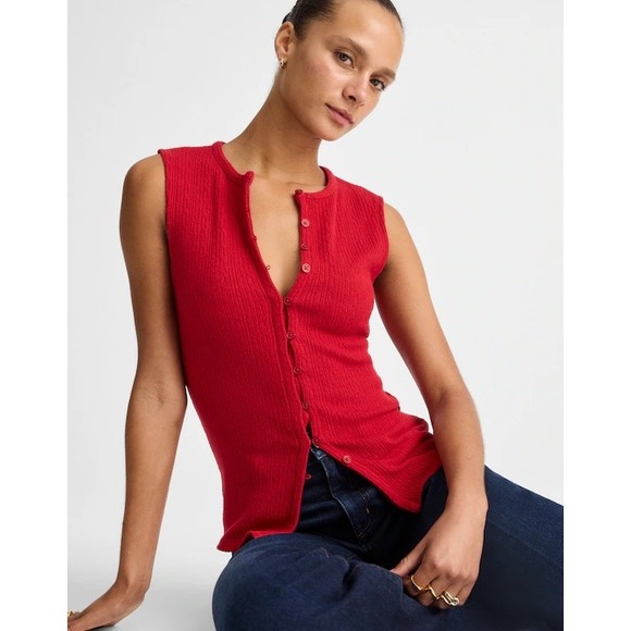 Madewell Tops - Madewell Pointelle Cutaway Vest Crimson Red Sleeveless Button Front Top L NY278